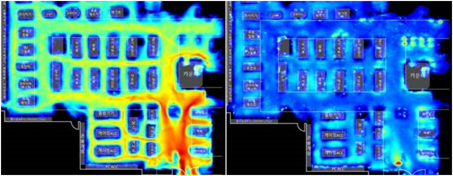 고객 동선을 분석하는 디스플레이 화면으로 사람이 많이 다닐수록 더 붉은색으로 표시가 된다.