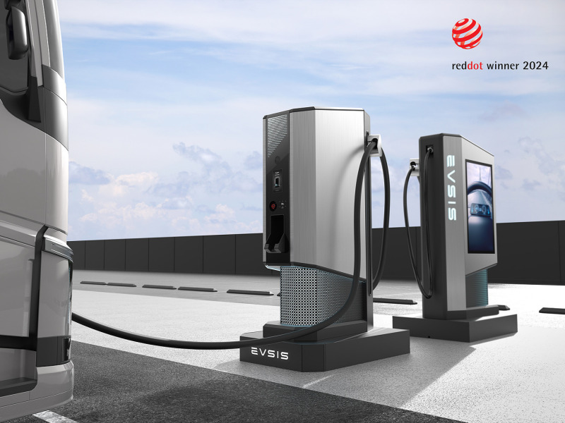 This is an image of EVSIS's megawatt charger charging a large truck.